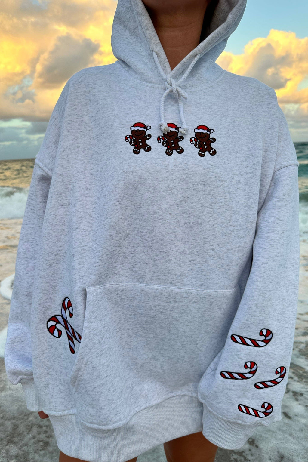 Gingerbread Christmas Embroidered Hoodie-Grey