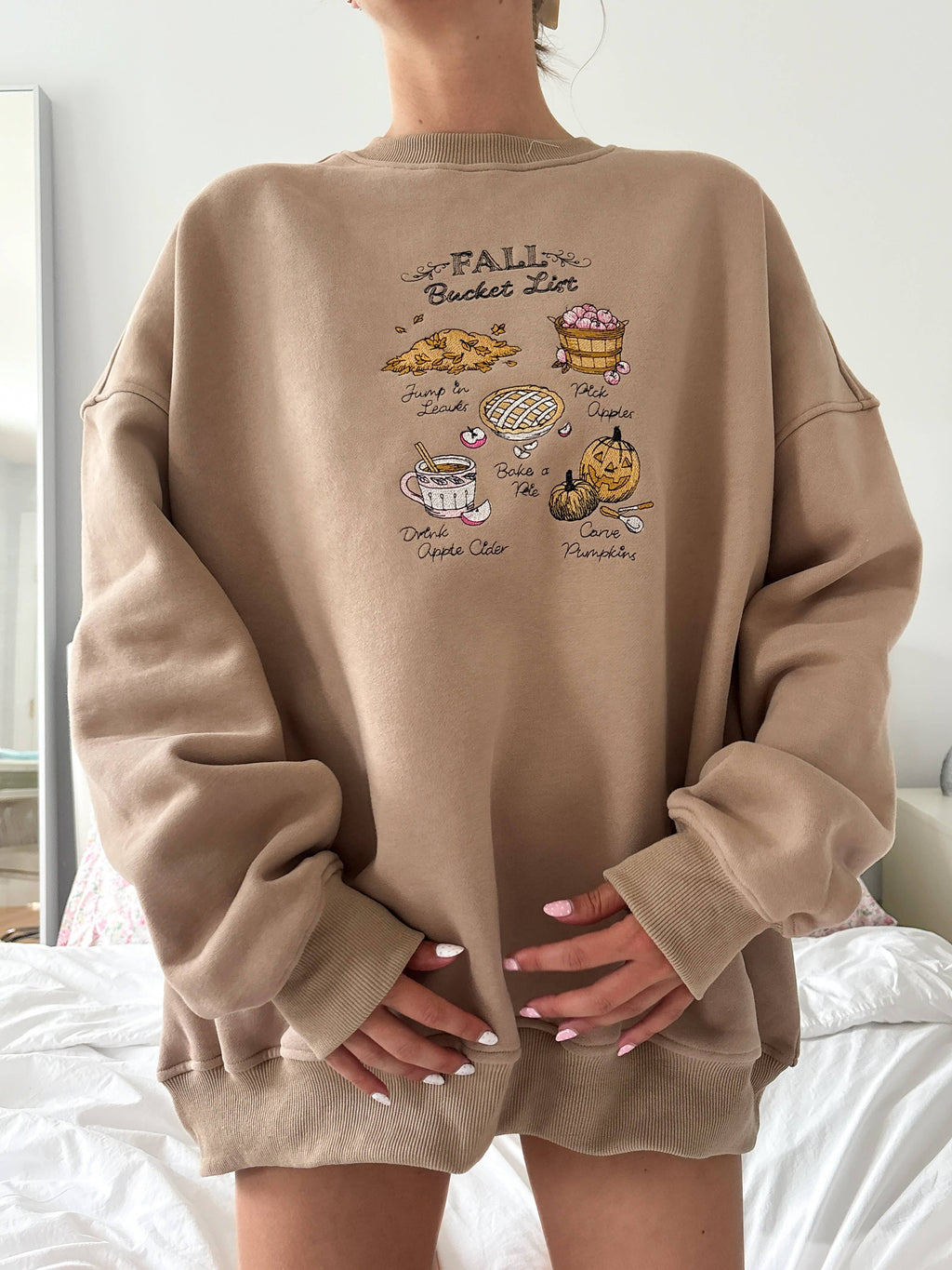 Fall Bucket List Embroidered Sweatshirt: Cappuccino￼