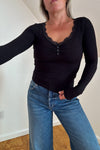 Lace Trim Knit Top-Black