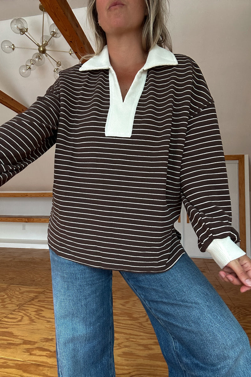 Rugby Collared Stripe Top-Brown