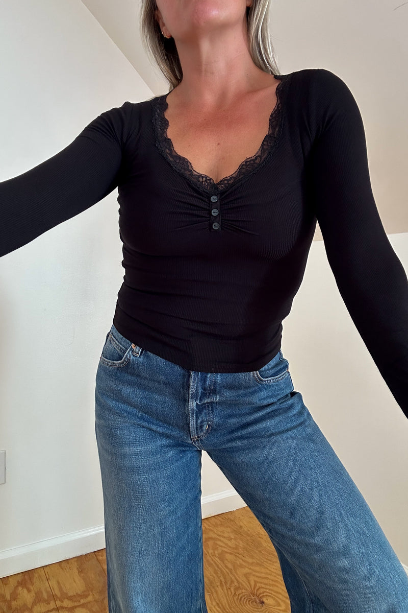Lace Trim Knit Top-Black