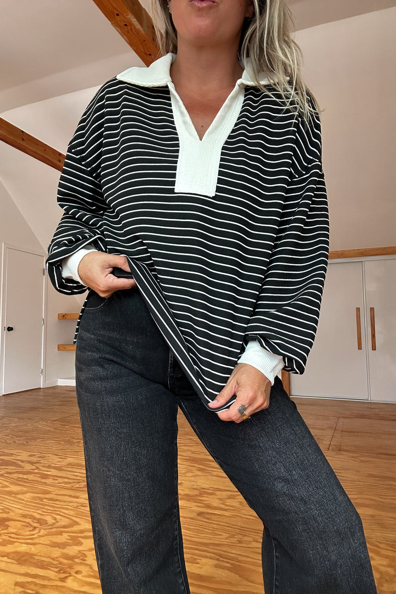Rugby Collared Stripe Top-Black