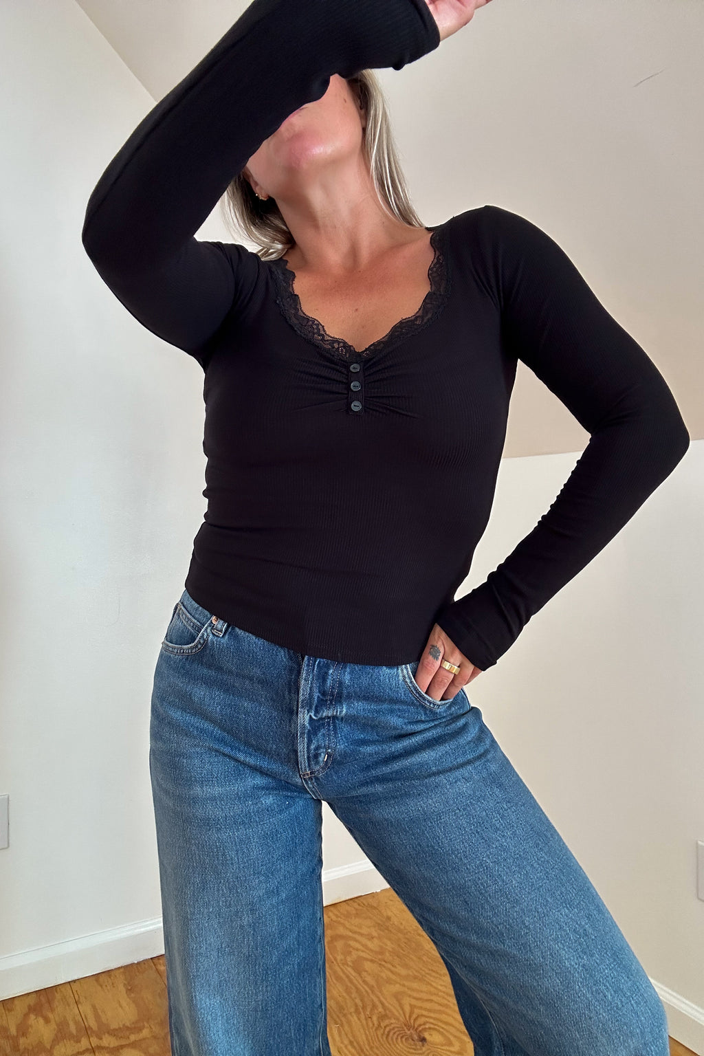 Lace Trim Knit Top-Black