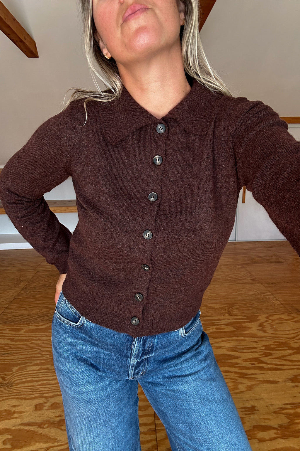 Collared Knit Sweater-Brown