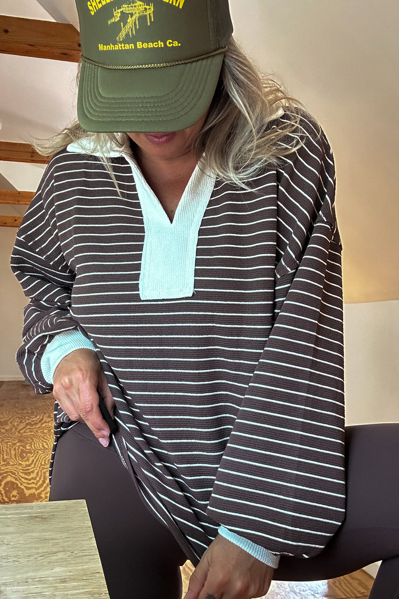 Rugby Collared Stripe Top-Brown