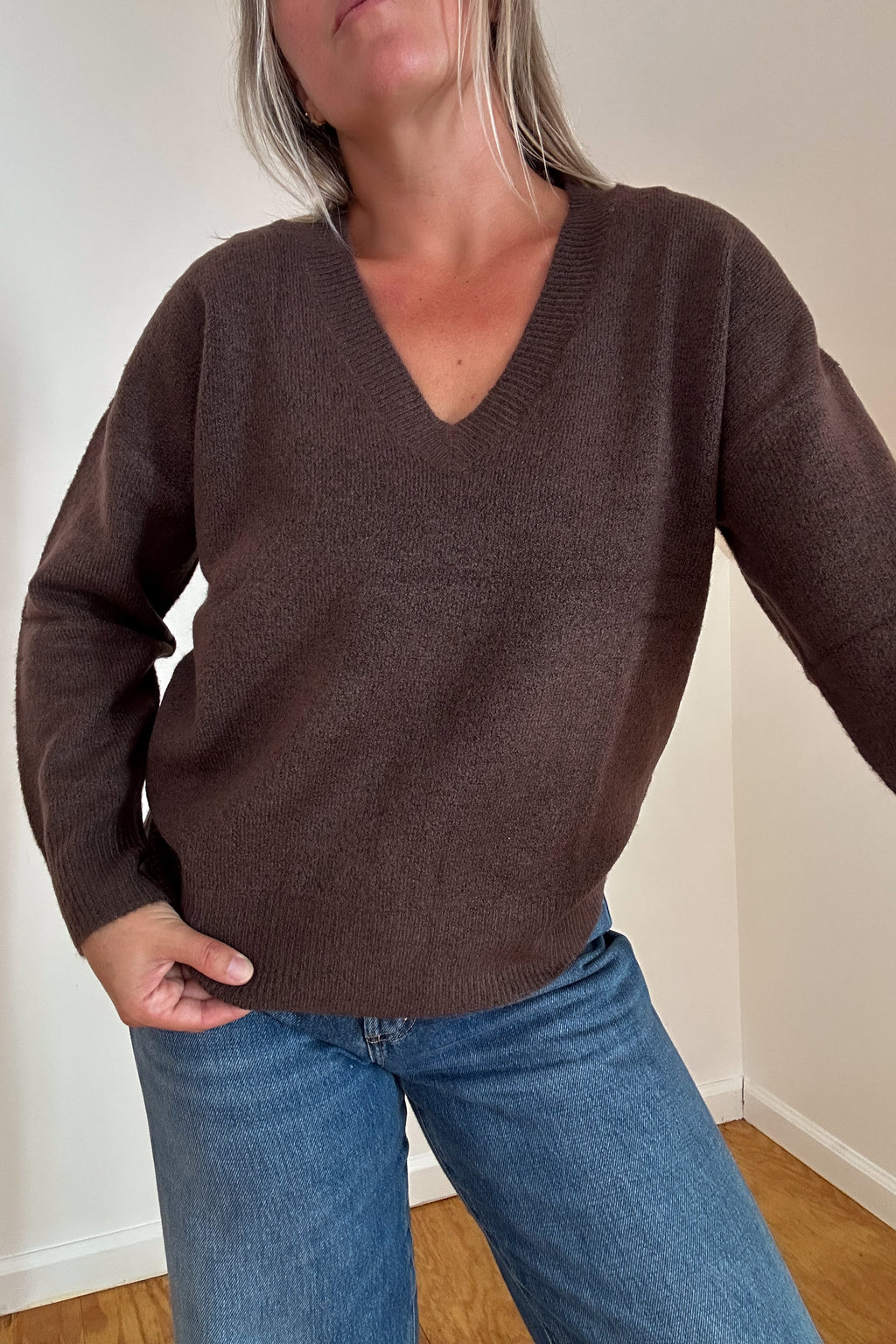 Easy V Neck Sweater-Brown