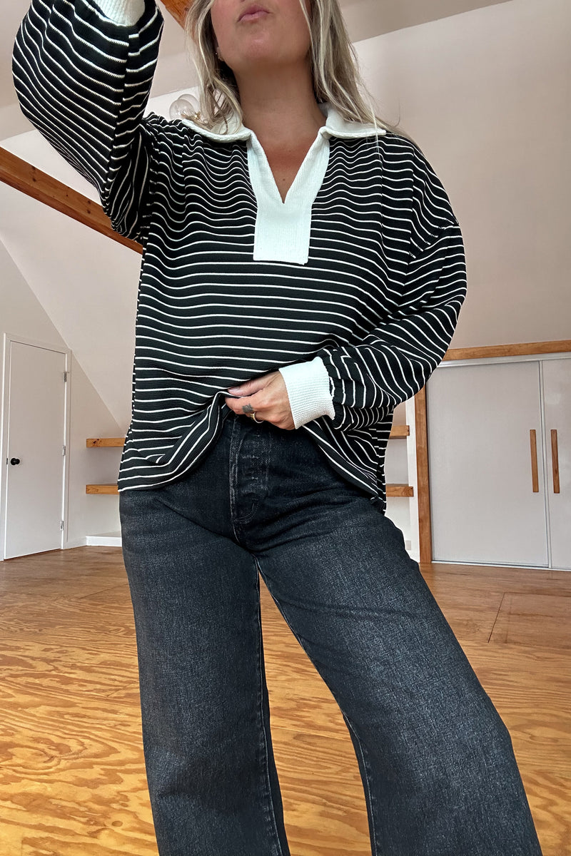 Rugby Collared Stripe Top-Black