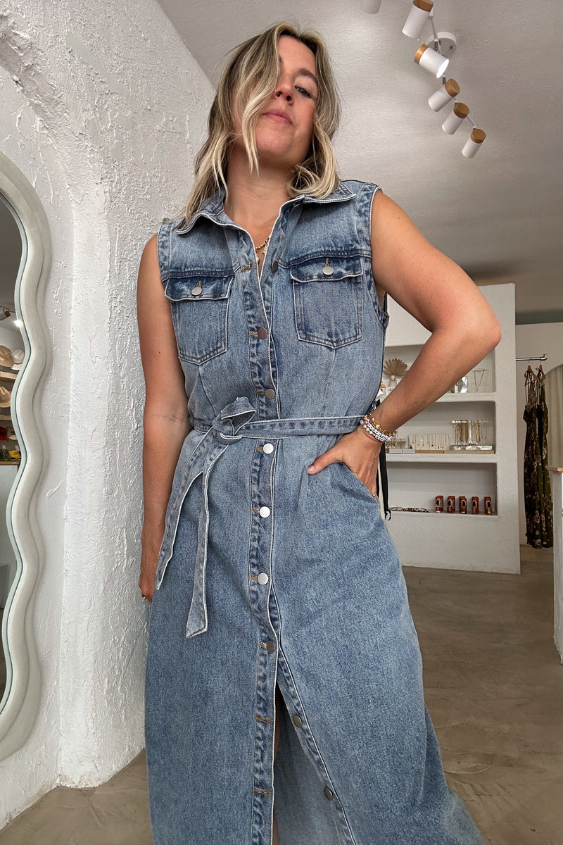 The Girl Next Door Denim Dress Roundtrip Collective