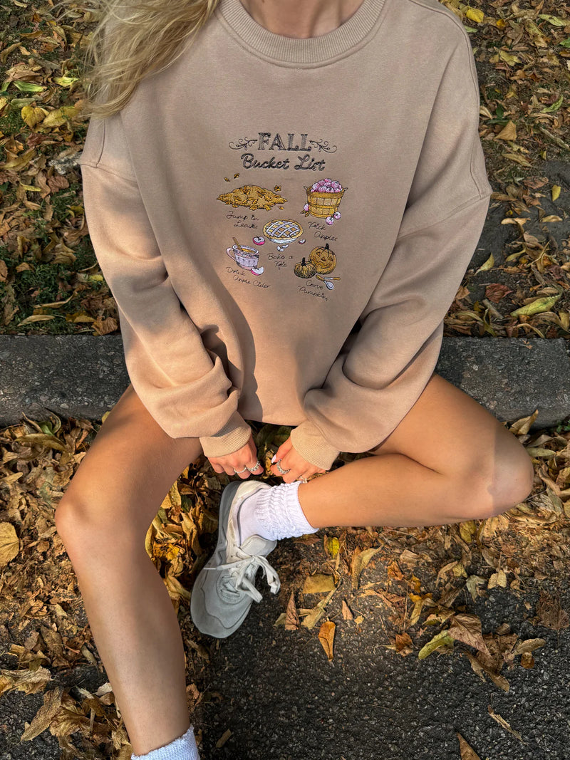 Fall Bucket List Embroidered Sweatshirt: Cappuccino￼