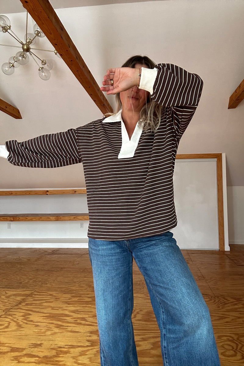 Rugby Collared Stripe Top-Brown