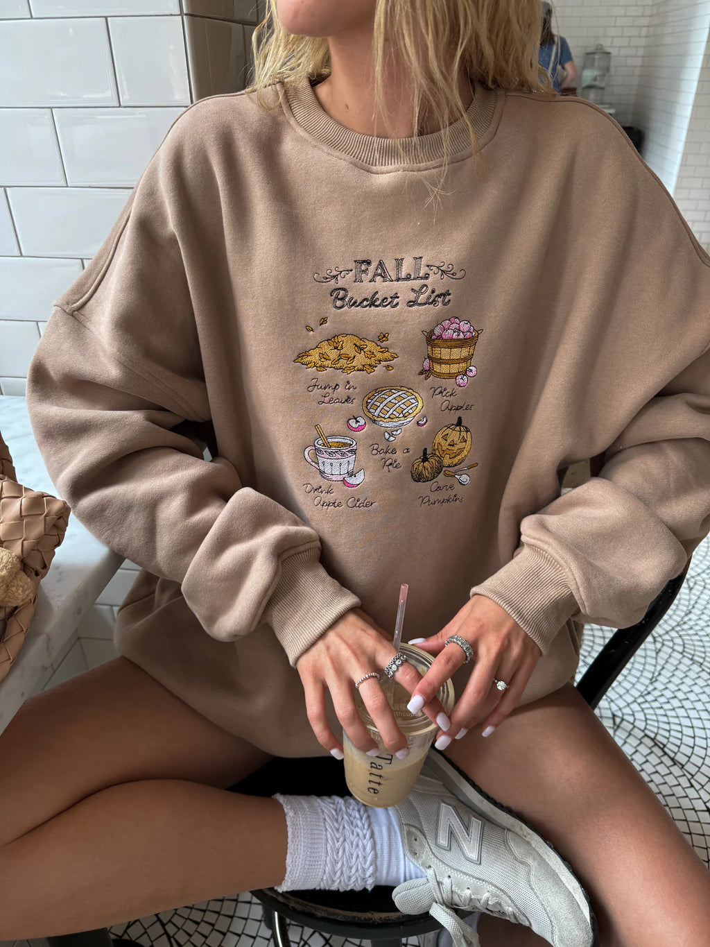 Fall Bucket List Embroidered Sweatshirt: Cappuccino￼
