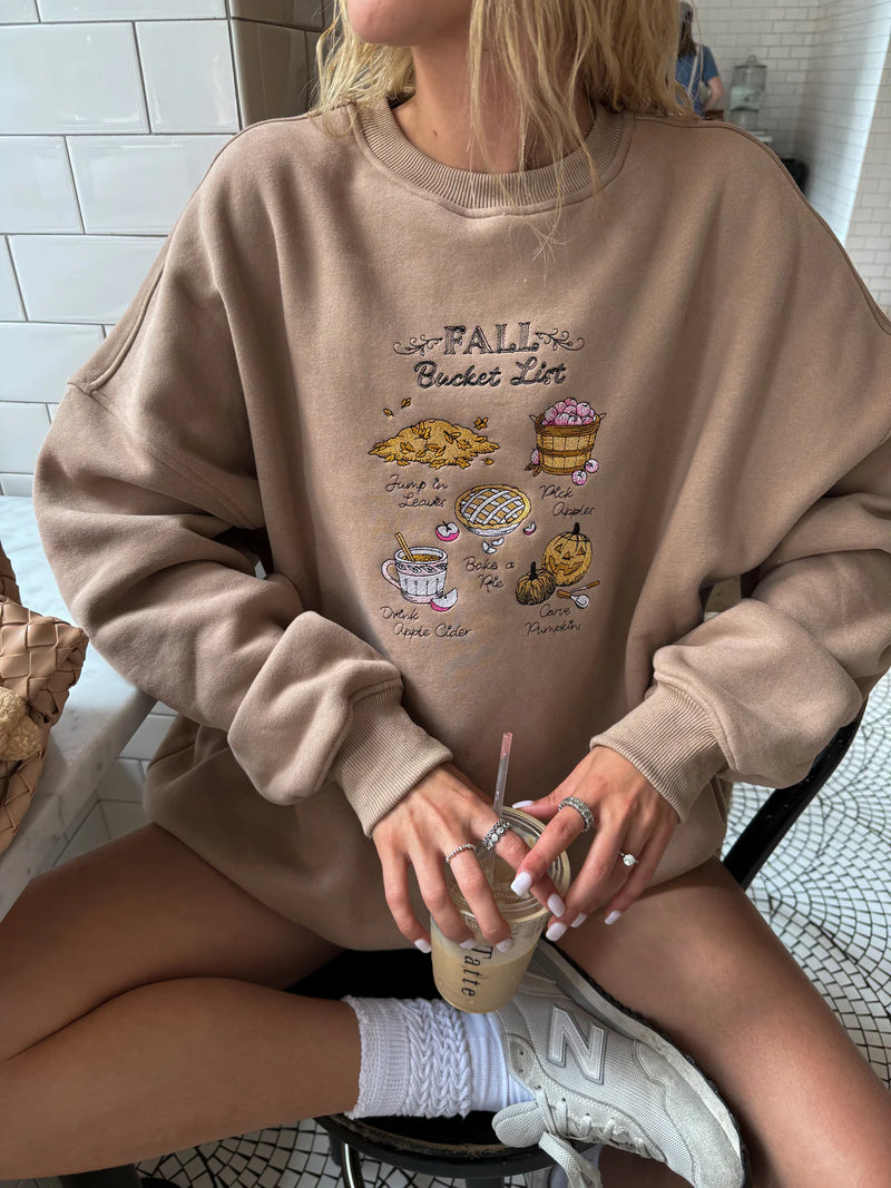 Fall Bucket List Embroidered Sweatshirt: Cappuccino￼