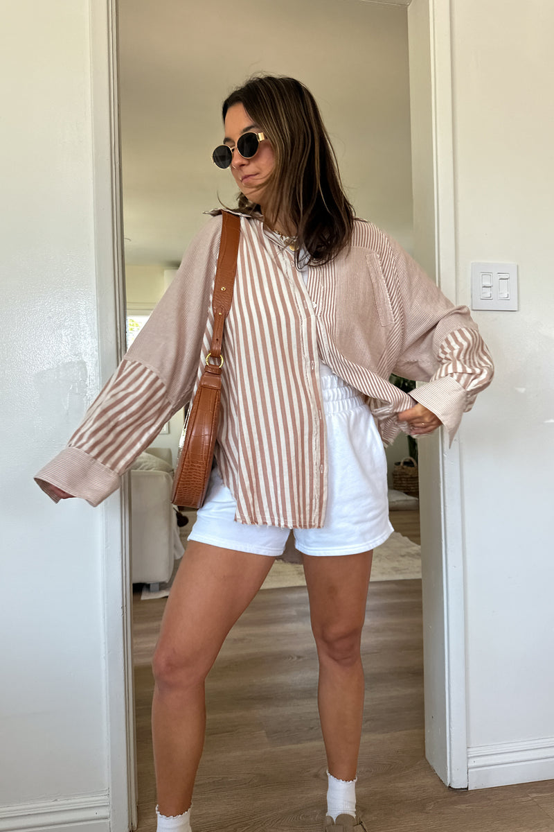 The All Day Striped Button Up-Tan