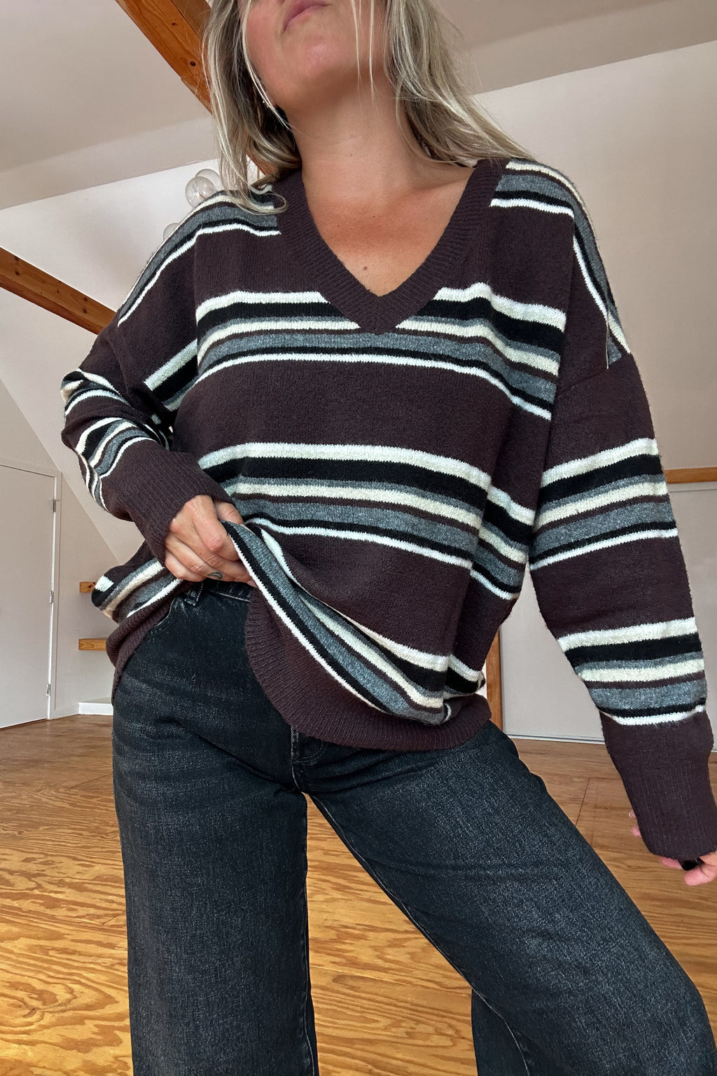 Styled Girlie Sweater-Brown Striped