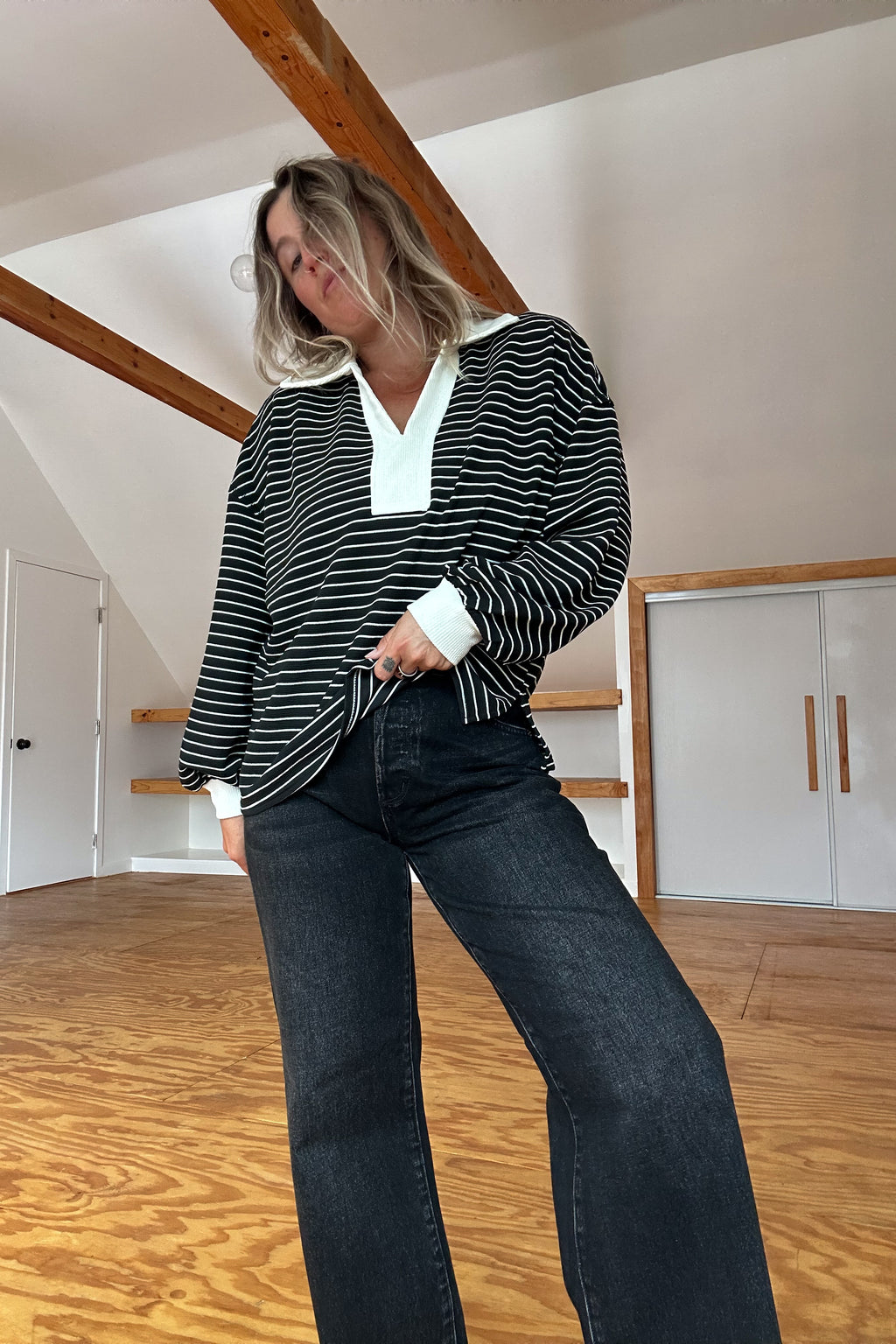 Rugby Collared Stripe Top-Black