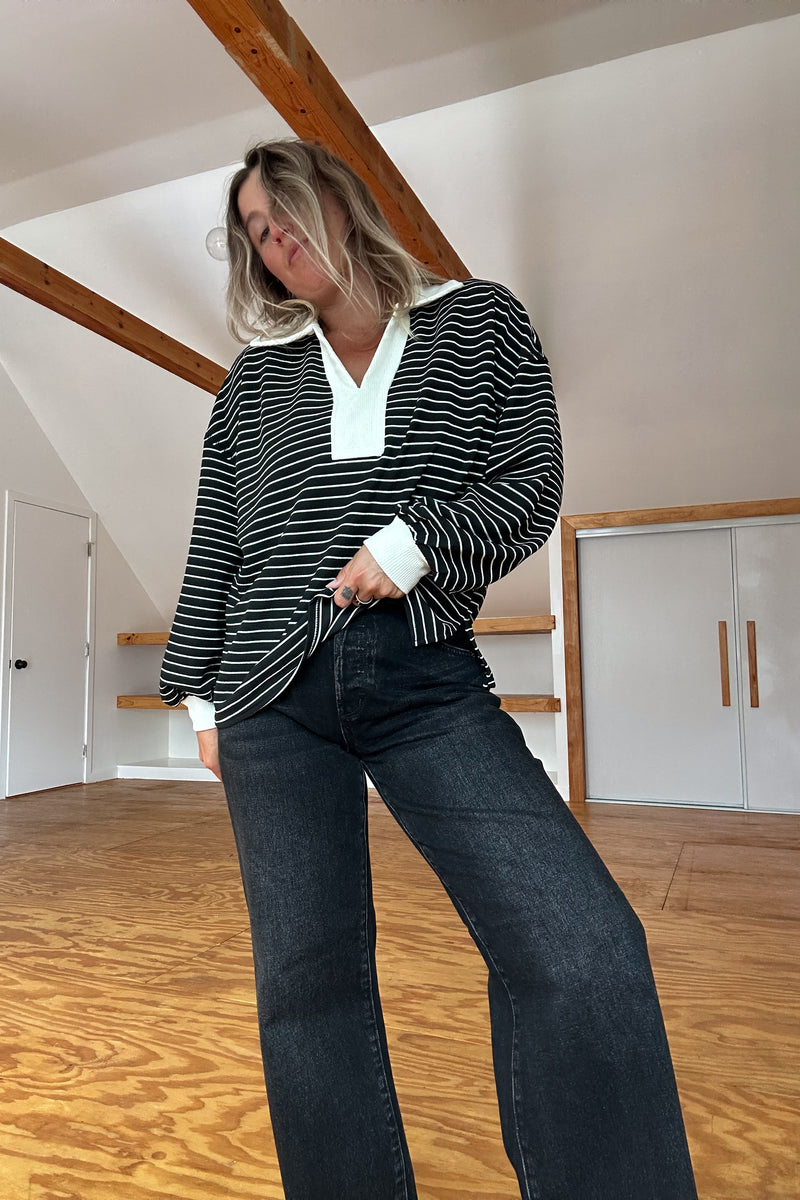 Rugby Collared Stripe Top-Black