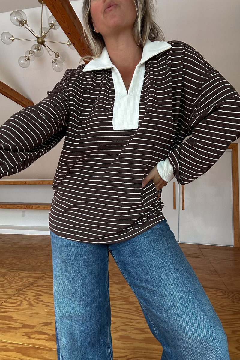 Rugby Collared Stripe Top-Brown