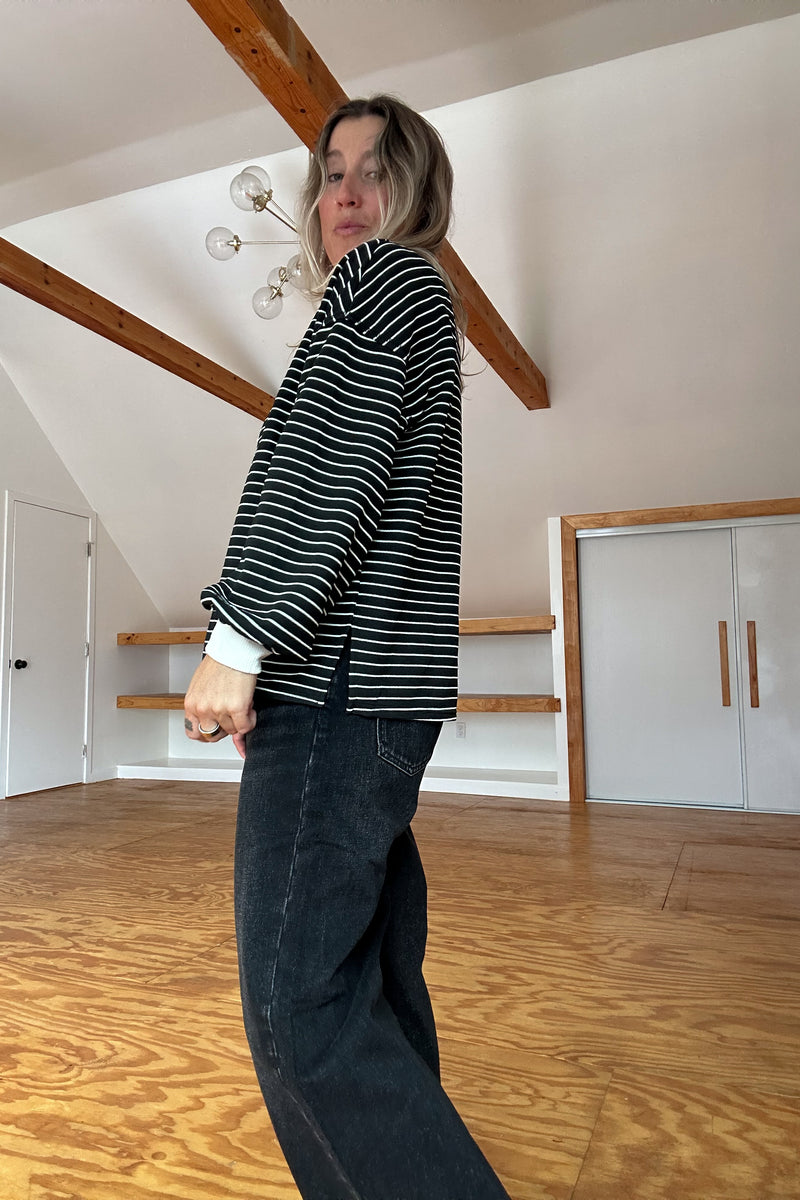 Rugby Collared Stripe Top-Black