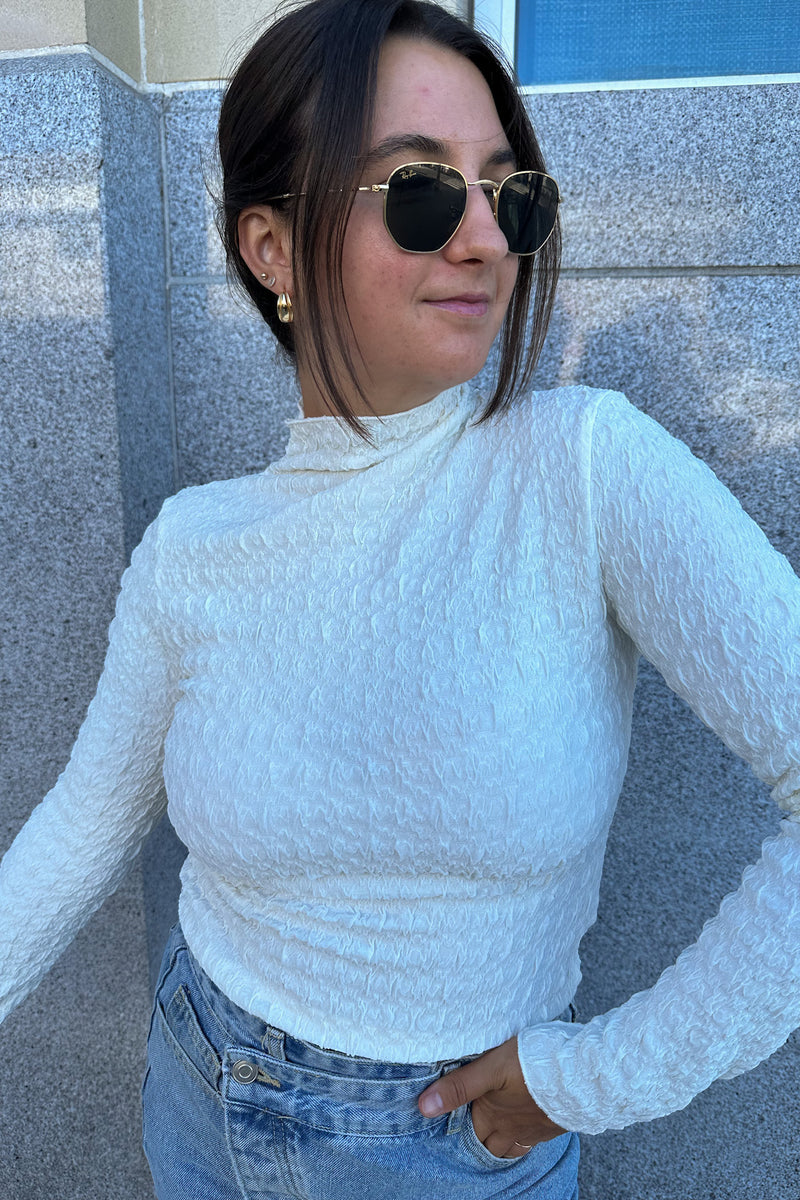 Textured Mock Neck Top-Off White